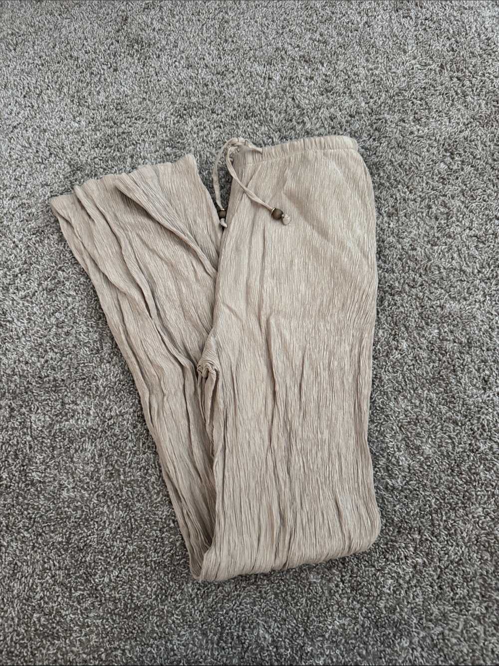 Zara Crinkle Wide-Leg Pants in Light Taupe
